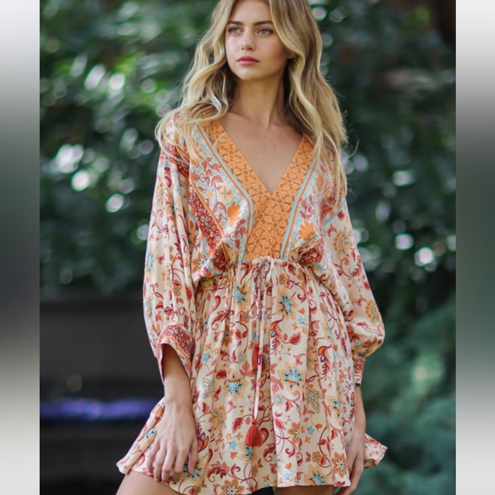 NWT Women’s Tan Print Bohemian Dolman Sleeve Romper Size S